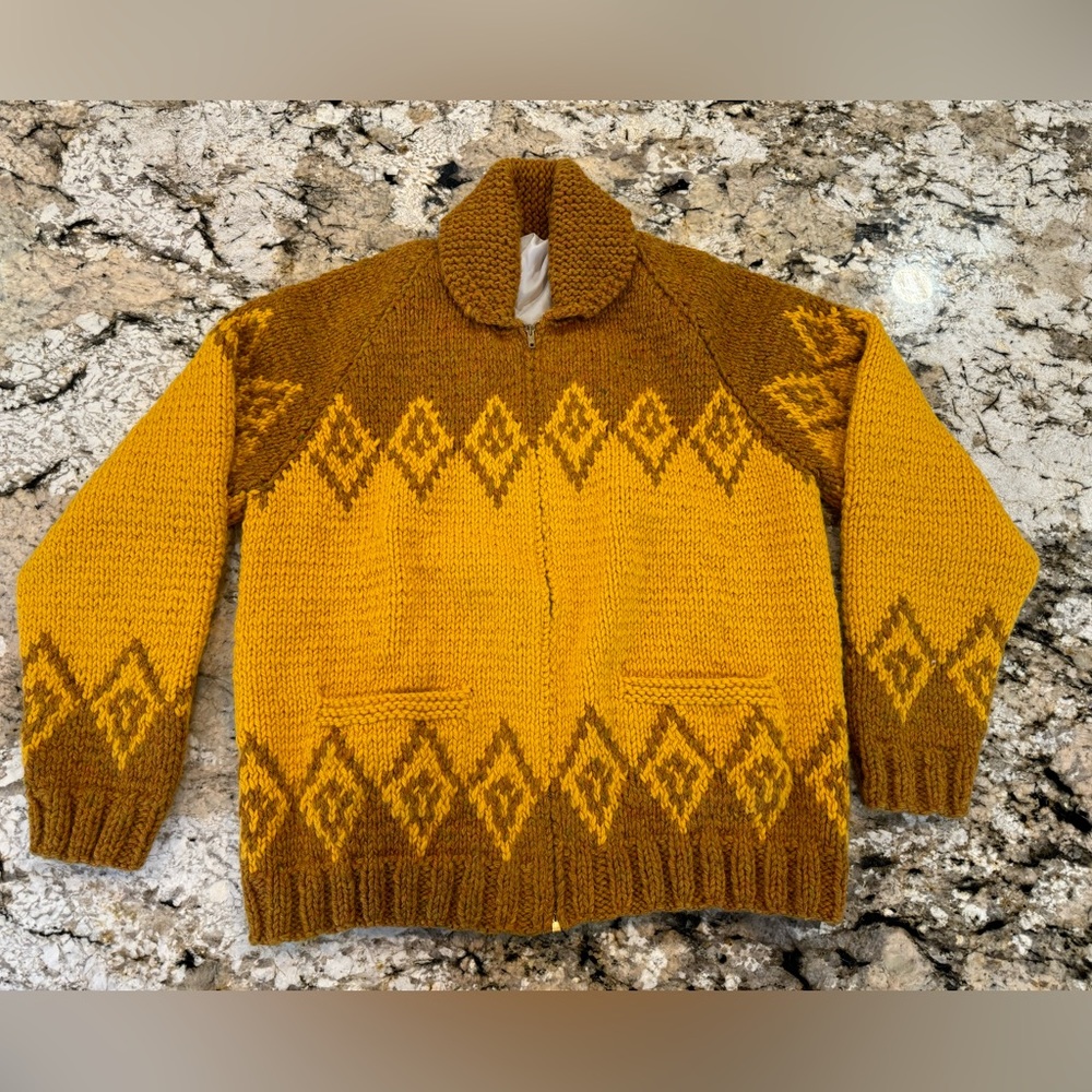 Vintage hand knit wool cardigan. Zips and pockets.  Variegated Mustard and Brown